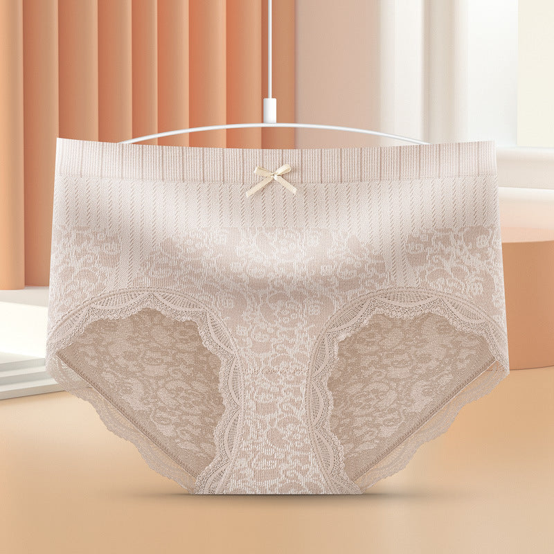 Women's underwear graphene antibacterial mid-waist nude lace edge seamless soft and comfortable large size tummy control briefs