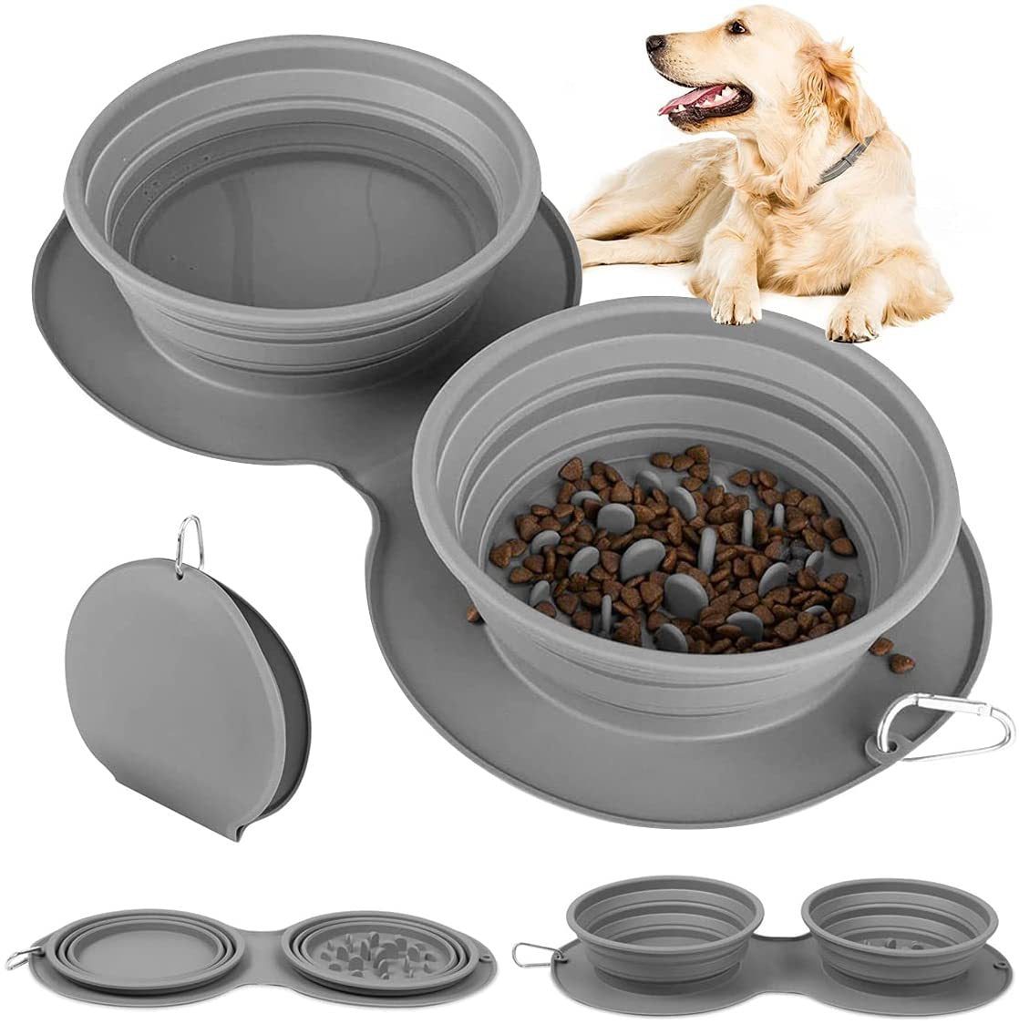 Silicone foldable pet bowl, anti-choking double food bowl