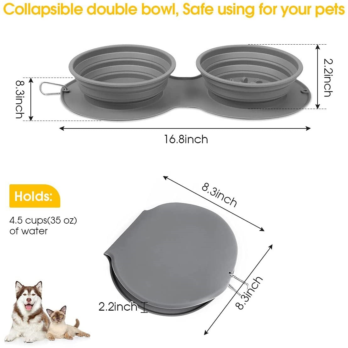 Silicone foldable pet bowl, anti-choking double food bowl