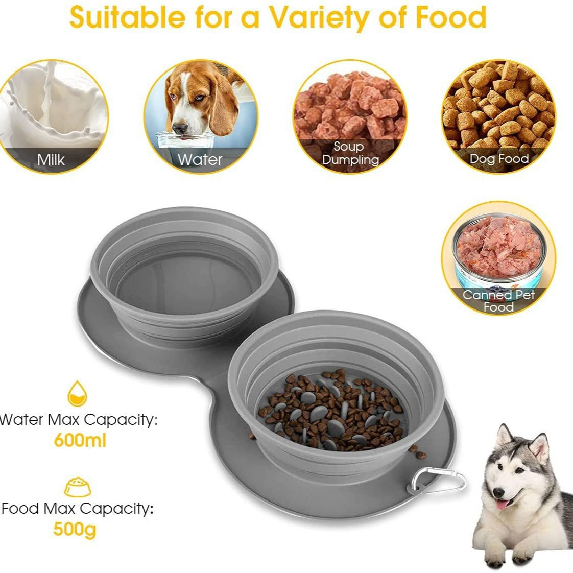 Silicone foldable pet bowl, anti-choking double food bowl