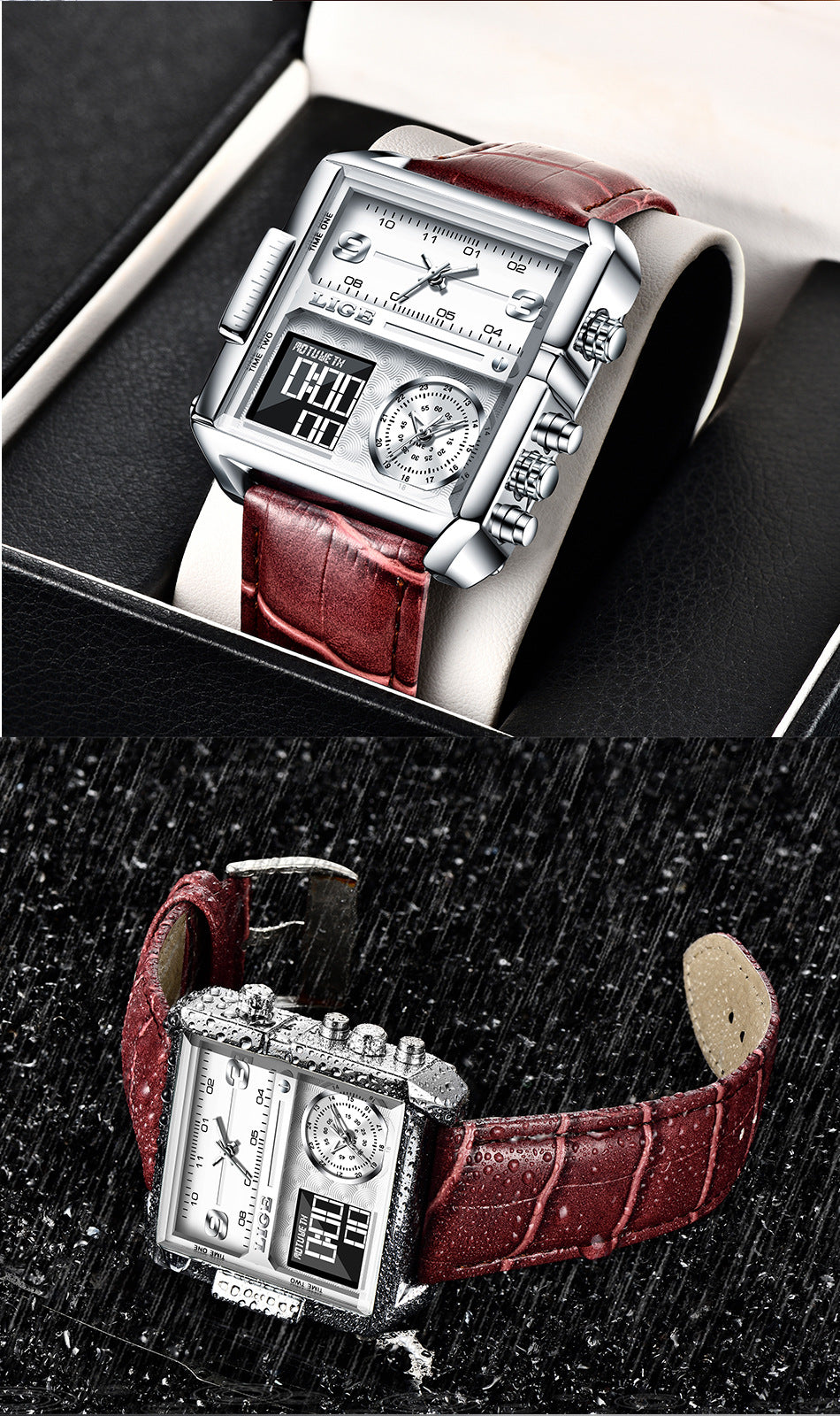 LIGE waterproof electronic quartz dual display watch