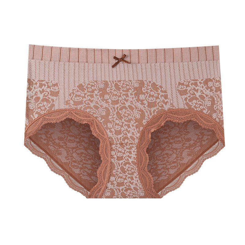 Women's underwear graphene antibacterial mid-waist nude lace edge seamless soft and comfortable large size tummy control briefs