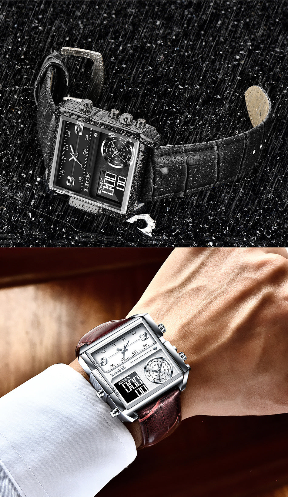 LIGE waterproof electronic quartz dual display watch